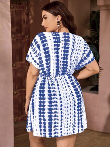 SHEIN Swim Curve Summer Beach Plus Tie Dye Drawstring Cover Up - Blue and White - View 2