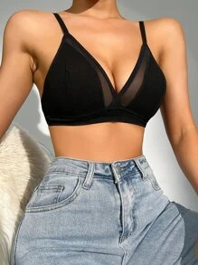 Chất rắn Lưới tương phản Không vòng thép Đồ lót - màu đen - Xem 5