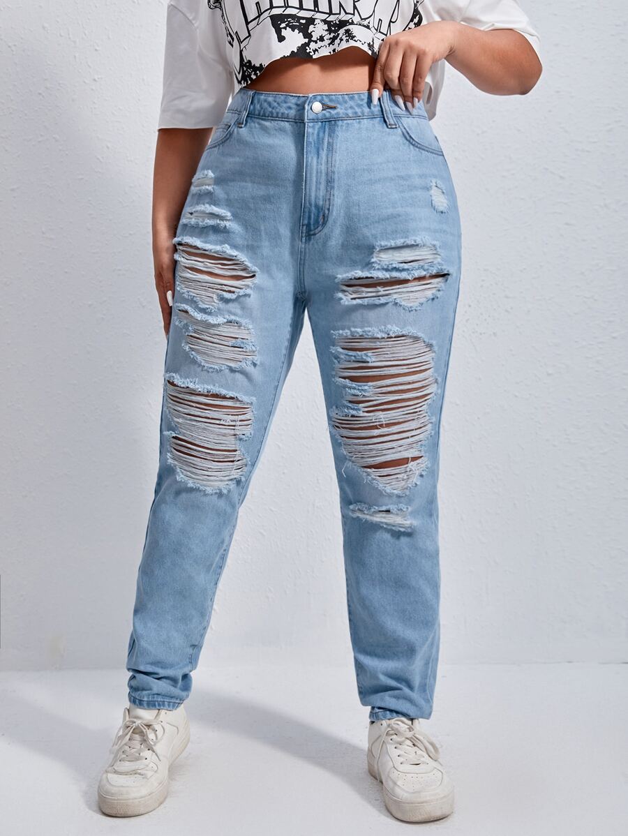 SHEIN Plus High Waist Ripped Jeans - Light Wash - View 1