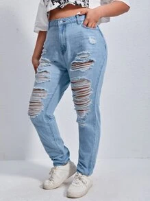 SHEIN Plus High Waist Ripped Jeans - Light Wash - View 3