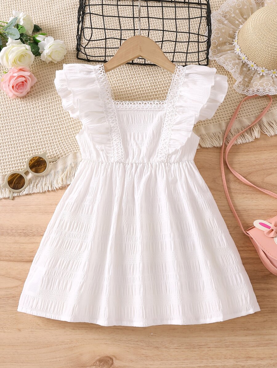Young Girl White Solid Color Holiday Style Sweet & Fresh Square Neck Ruffle Sleeve Dress For Summer - White - View 1