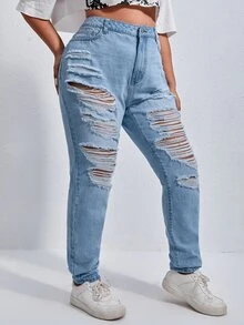 SHEIN Plus High Waist Ripped Jeans - Light Wash - View 4