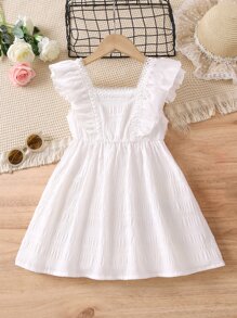 Young Girl White Solid Color Holiday Style Sweet & Fresh Square Neck Ruffle Sleeve Dress For Summer - White - View 2