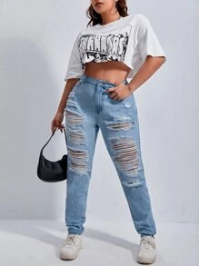 SHEIN Plus High Waist Ripped Jeans - Light Wash - View 5