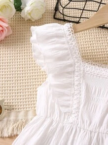 Young Girl White Solid Color Holiday Style Sweet & Fresh Square Neck Ruffle Sleeve Dress For Summer - White - View 5