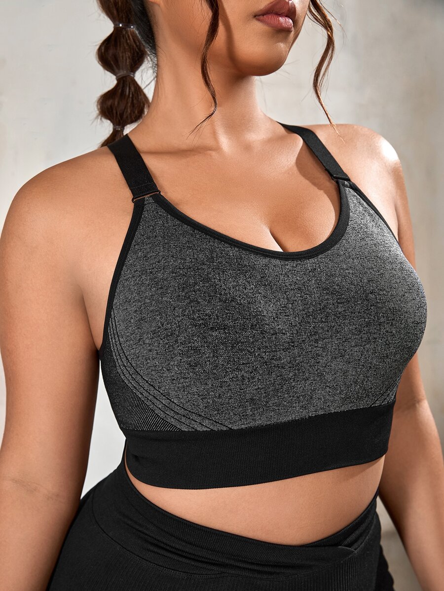 Plus Contrast Binding Racer Back Sports Bra - Dark Grey - View 1