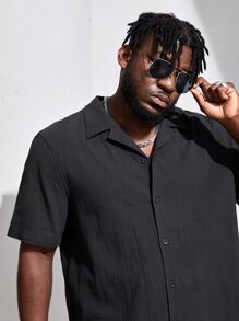 EASEVO Men Plus Cotton Solid Button Front Shirt - Black - View 5