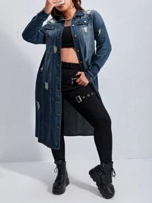 SHEIN EZwear Plus Ripped Frayed Denim Coat - Dark Wash - View 1