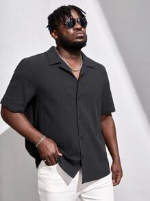 EASEVO Men Plus Cotton Solid Button Front Shirt - Black - View 6