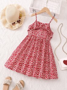 SHEIN Young Girl Red Simple Spaghetti Strap Vacation Style Floral Print Summer Dress - Red - View 1