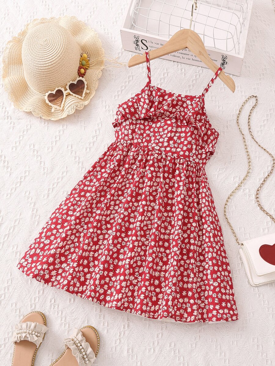 SHEIN Young Girl Red Simple Spaghetti Strap Vacation Style Floral Print Summer Dress - Red - View 1