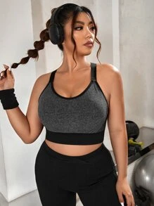 Plus Contrast Binding Racer Back Sports Bra - Dark Grey - View 3