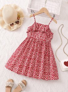 SHEIN Young Girl Red Simple Spaghetti Strap Vacation Style Floral Print Summer Dress - Red - View 2