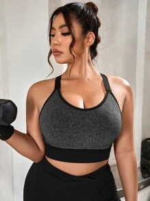Plus Contrast Binding Racer Back Sports Bra - Dark Grey - View 4