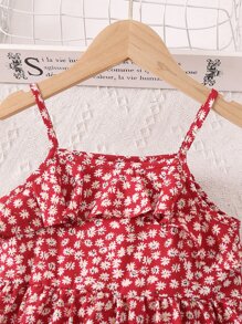 SHEIN Young Girl Red Simple Spaghetti Strap Vacation Style Floral Print Summer Dress - Red - View 3