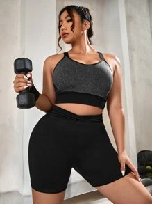 Plus Contrast Binding Racer Back Sports Bra - Dark Grey - View 5