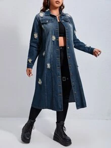 SHEIN EZwear Plus Ripped Frayed Denim Coat - Dark Wash - View 5