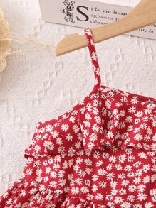 SHEIN Young Girl Red Simple Spaghetti Strap Vacation Style Floral Print Summer Dress - Red - View 4