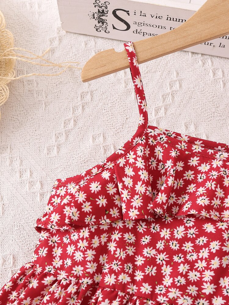 SHEIN Young Girl Red Simple Spaghetti Strap Vacation Style Floral Print Summer Dress - Red - View 4