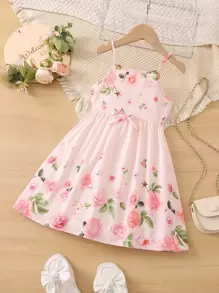 SHEIN 小女童印花前蝴蝶結吊帶連衣裙 - 淺粉色 - 查看 1