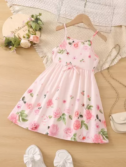 SHEIN Young Girl Light Pink Floral Print Spaghetti Strap Swing Dress, Perfect For Cute Summer Outfits Or Vacations,Holiday,Summer,Travel