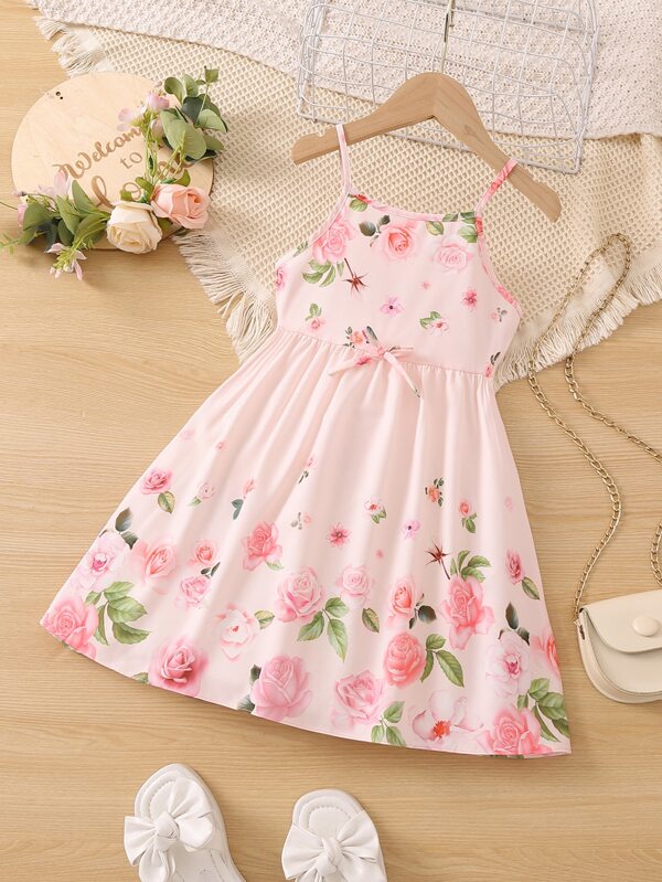 SHEIN Young Girl Light Pink Floral Print Spaghetti Strap Swing Dress, Perfect For Cute Summer Outfits Or Vacations,Holiday,Summer,Travel