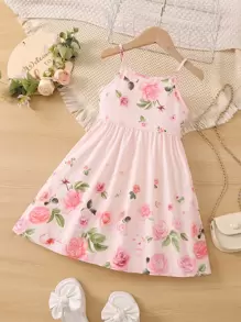 SHEIN 小女童印花前蝴蝶結吊帶連衣裙 - 淺粉色 - 查看 2