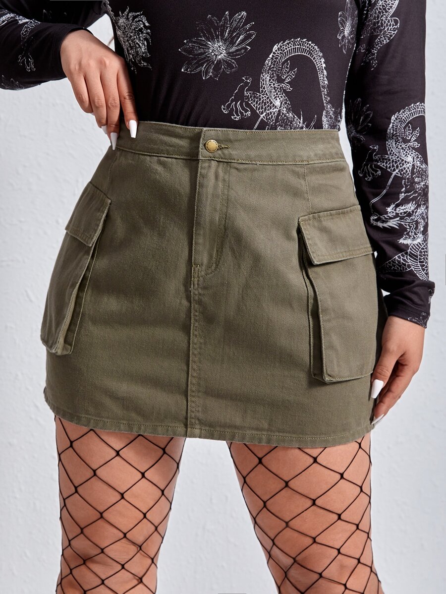 SHEIN EZwear Plus Flap Pocket Denim Skirt - Army Green - View 1