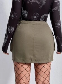 SHEIN EZwear Plus Flap Pocket Denim Skirt - Army Green - View 2