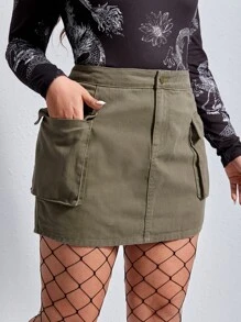 SHEIN EZwear Plus Flap Pocket Denim Skirt - Army Green - View 3