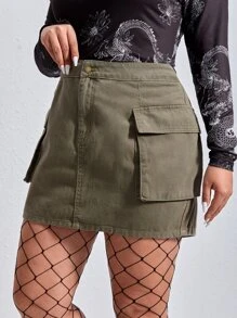 SHEIN EZwear Plus Flap Pocket Denim Skirt - Army Green - View 5