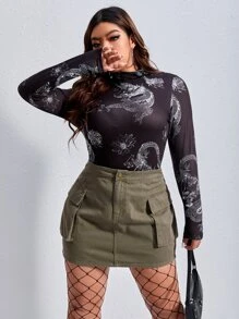 SHEIN EZwear Plus Flap Pocket Denim Skirt - Army Green - View 6