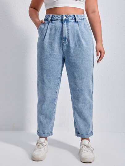 SHEIN ICON Plus High Waist Fold Pleated Mom Fit Jeans
