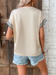 SHEIN LUNE Contrast Trim Batwing Sleeve Blouse - Apricot - View 2