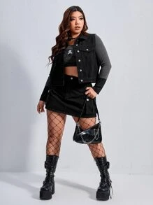 SHEIN EZwear Plus Vest Denim Jacket Without Tee - Black - View 5