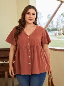 SHEIN LUNE Plus Butterfly Sleeve Button Front Peplum Blouse - Brown - View 6