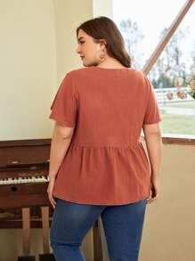 SHEIN LUNE Plus Butterfly Sleeve Button Front Peplum Blouse - Brown - View 2