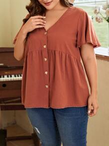 SHEIN LUNE Plus Butterfly Sleeve Button Front Peplum Blouse - Brown - View 4