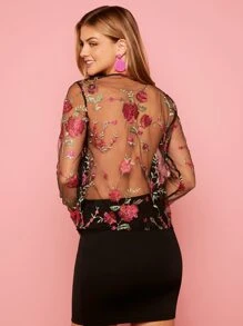 SHEIN Privé Floral Embroidery Mesh Panel Top & Bodycon Skirt - Black - View 3