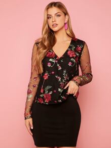 SHEIN Privé Floral Embroidery Mesh Panel Top & Bodycon Skirt - Black - View 1
