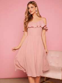 SHEIN Privé Cold Shoulder Ruffle Trim Dress - Dusty Pink - View 5