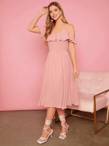 SHEIN Privé Cold Shoulder Ruffle Trim Dress - Dusty Pink - View 4