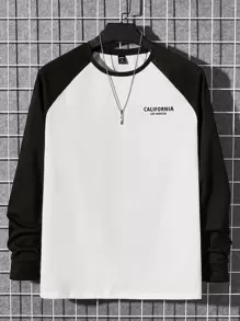 Manfinity VCAY 男士T恤修身領長袖口號T恤字母圖形休閒簡約聚酯纖維 - 黑與白 - 查看 1