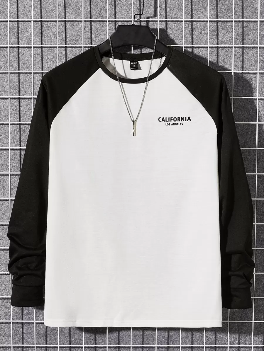 Manfinity VCAY 男士T恤修身領長袖口號T恤字母圖形休閒簡約聚酯纖維 - 黑與白 - 查看 1