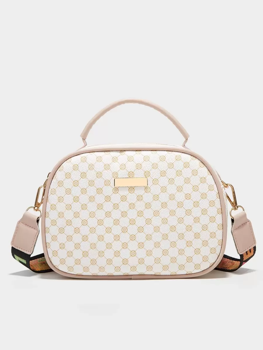 輕便，便攜休閒，時尚幾何圖案金屬裝飾方形包地理印花方形單肩包，女式人造革手提錢包，時尚小斜挎包，適合女孩、女士、大學生、新秀和白領，適合秋季、冬季必備工作、辦公室、通勤、秋冬、戶外 - 白色 - 查看 1