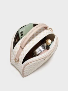 輕便，便攜休閒，時尚幾何圖案金屬裝飾方形包地理印花方形單肩包，女式人造革手提錢包，時尚小斜挎包，適合女孩、女士、大學生、新秀和白領，適合秋季、冬季必備工作、辦公室、通勤、秋冬、戶外 - 白色 - 查看 3