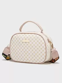 輕便，便攜休閒，時尚幾何圖案金屬裝飾方形包地理印花方形單肩包，女式人造革手提錢包，時尚小斜挎包，適合女孩、女士、大學生、新秀和白領，適合秋季、冬季必備工作、辦公室、通勤、秋冬、戶外 - 白色 - 查看 4