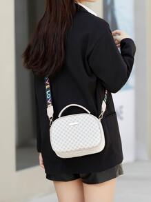 輕便，便攜休閒，時尚幾何圖案金屬裝飾方形包地理印花方形單肩包，女式人造革手提錢包，時尚小斜挎包，適合女孩、女士、大學生、新秀和白領，適合秋季、冬季必備工作、辦公室、通勤、秋冬、戶外 - 白色 - 查看 8