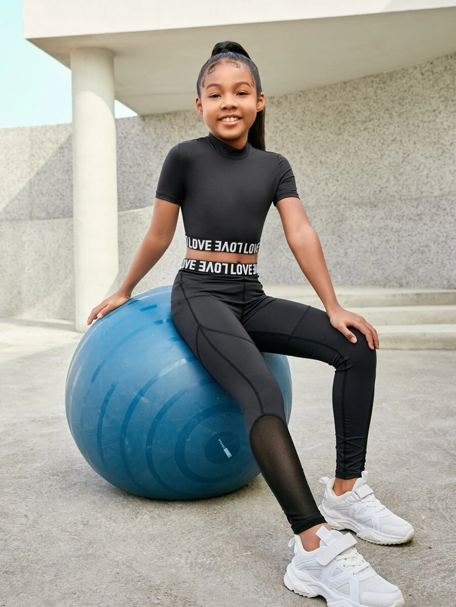SHEIN Leap Crew Tween Girl Letter Graphic Contrast Mesh Tee & Leggings - Black - View 1