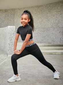 SHEIN Leap Crew Tween Girl Letter Graphic Contrast Mesh Tee & Leggings - Black - View 6